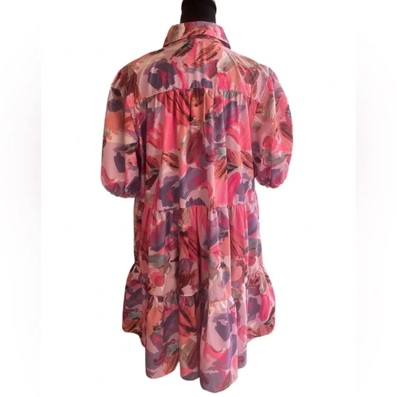 Pink multi colored Floral  Ruffle Hem Smock Dress,baby doll dress,Large,New - Picture 5 of 12